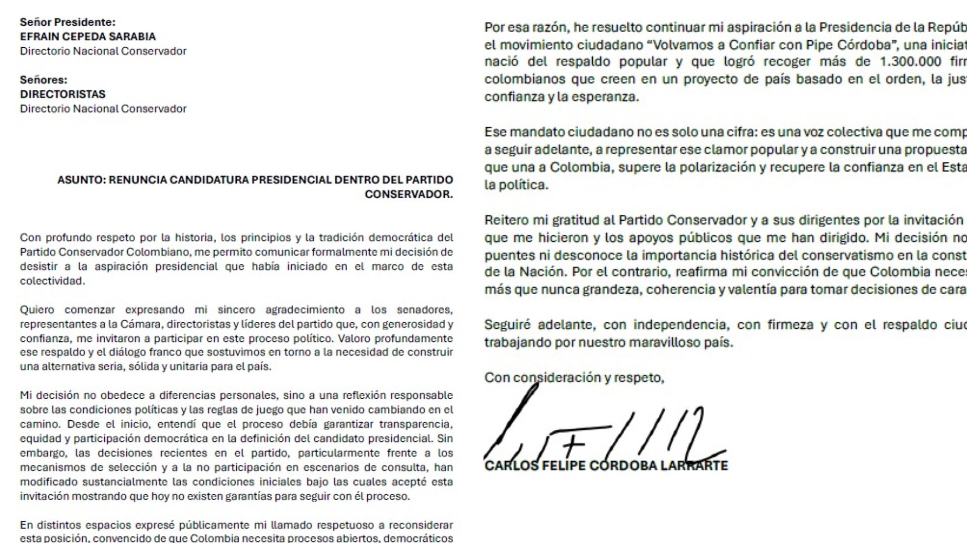 Carlos Felipe Córdoba renuncia a candidatura en el partido Conservador.