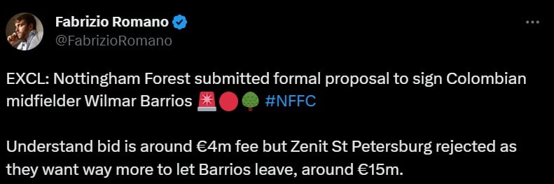 Fabrizio Romano, sobre Wilmar Barrios.