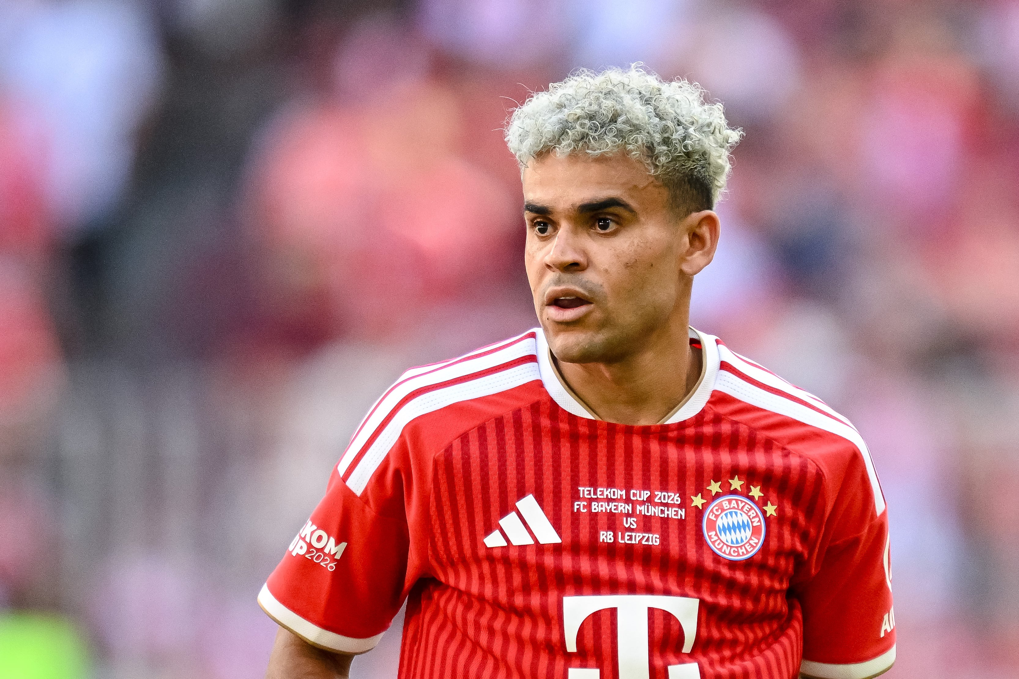 Munich, Germany - August 15: Luis Díaz of FC Bayern München looks on during the Telekom Cup match between FC Bayern München and RB Leipzig at Allianz Arena on August 15, 2026 in Munich, Germany. (Photo by Harry Langer/DeFodi Images/DeFodi via Getty Images)