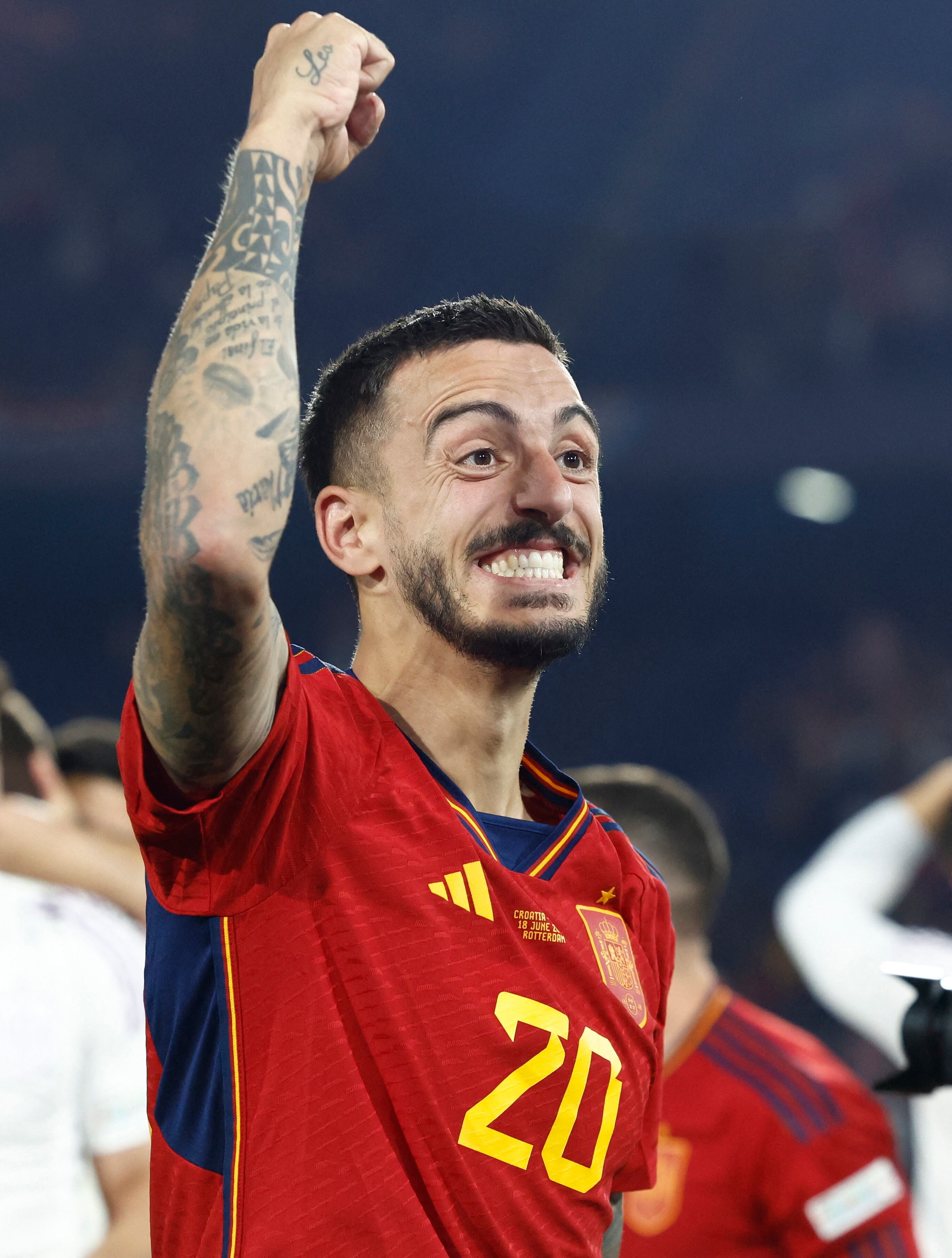Soccer Football - UEFA Nations League Final - Croatia v Spain - Feyenoord Stadium, Rotterdam, Netherlands - June 18, 2023 Spain's Joselu celebrates after winning the penalty shootout and the UEFA Nations League final REUTERS/Piroschka Van De Wouw