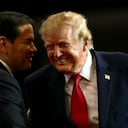 US Secretary of State Marco Rubio (L) talks with US President Donald Trump during a midterm campaign rally at Lubbock Memorial Civic Center in Lubbock, Texas on October 27, 2026. (Photo by Kent NISHIMURA / AFP)