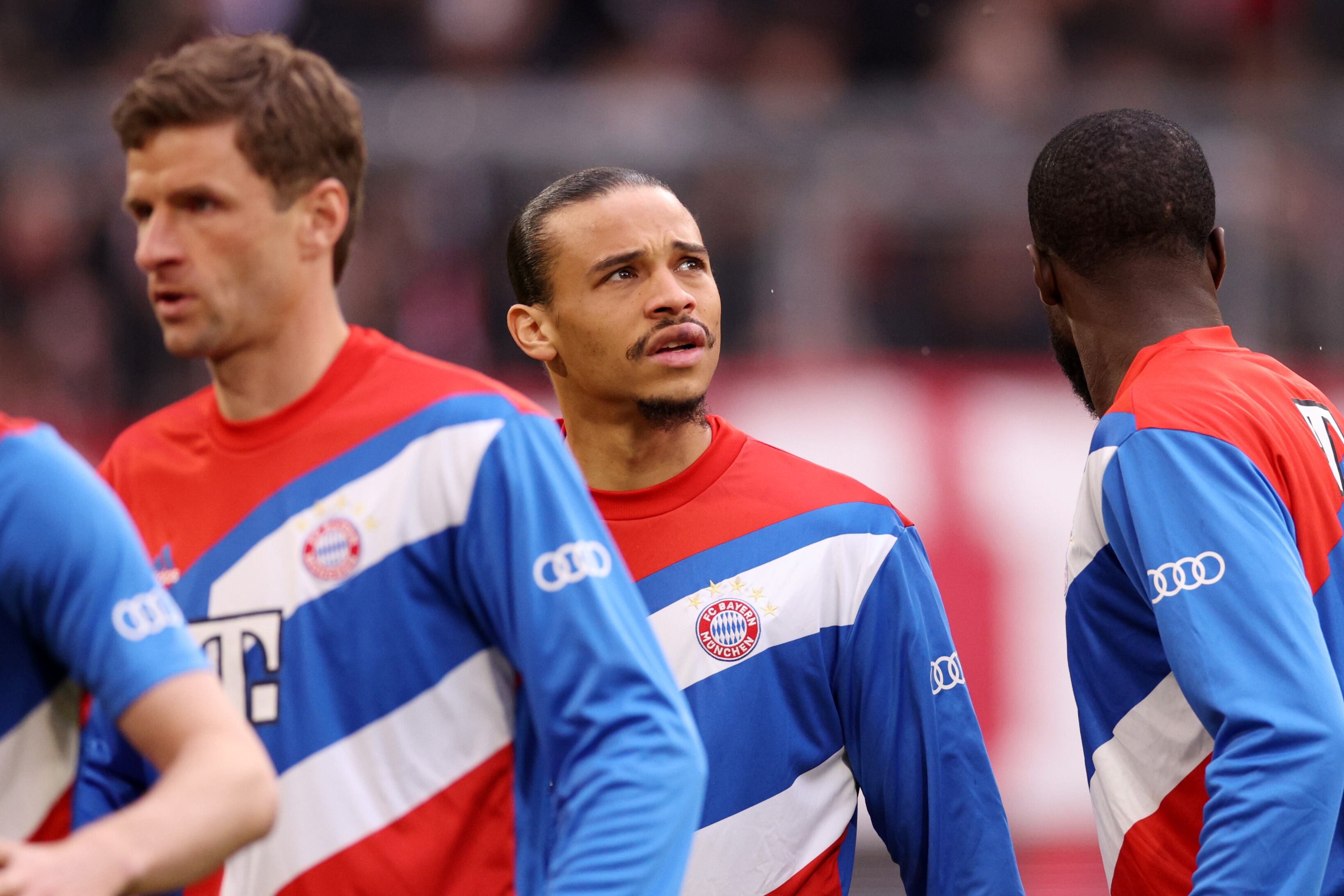 MUNICH, GERMANY - APRIL 15: Leroy Sane of FC Bayern Munich looks on prior to the Bundesliga match between FC Bayern München and TSG Hoffenheim at Allianz Arena on April 15, 2023 in Munich, Germany. (Photo by Adam Pretty/Getty Images)