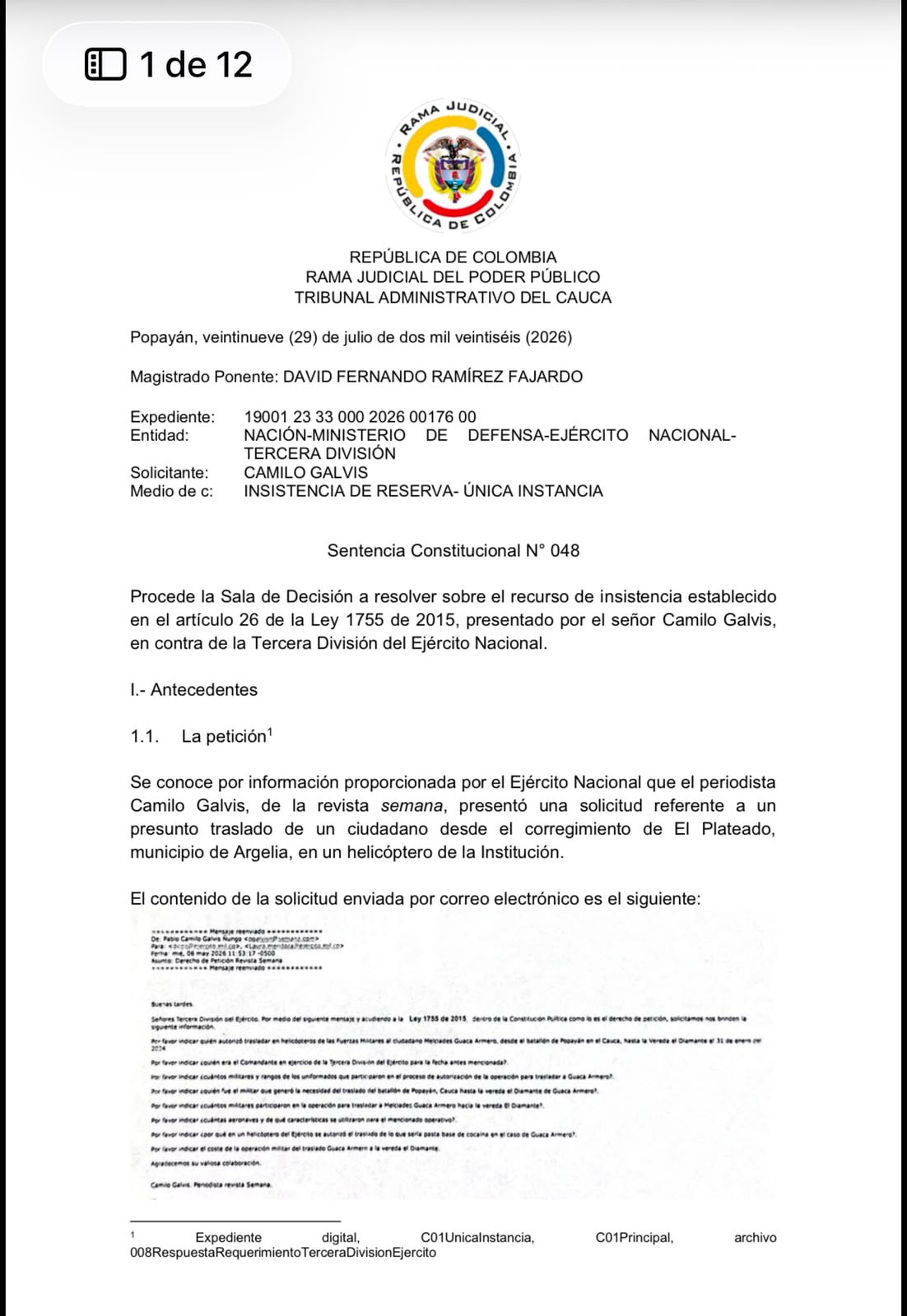 Fallo del Tribunal de Cauca sobre acceso a la información reservada del Ejército.