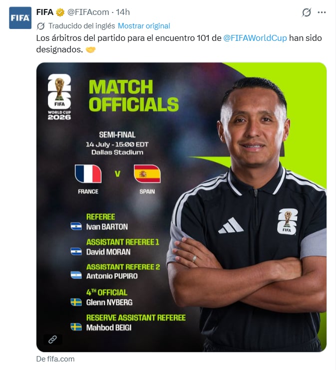 Iván Barton, juez central de la semifinal del Mundial 2026 entre Francia y España