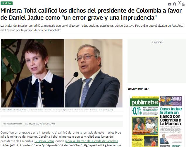 Publicación sobre la reacción gubernamental a las declaraciones de Petro. Diario Publimetro de Chile.