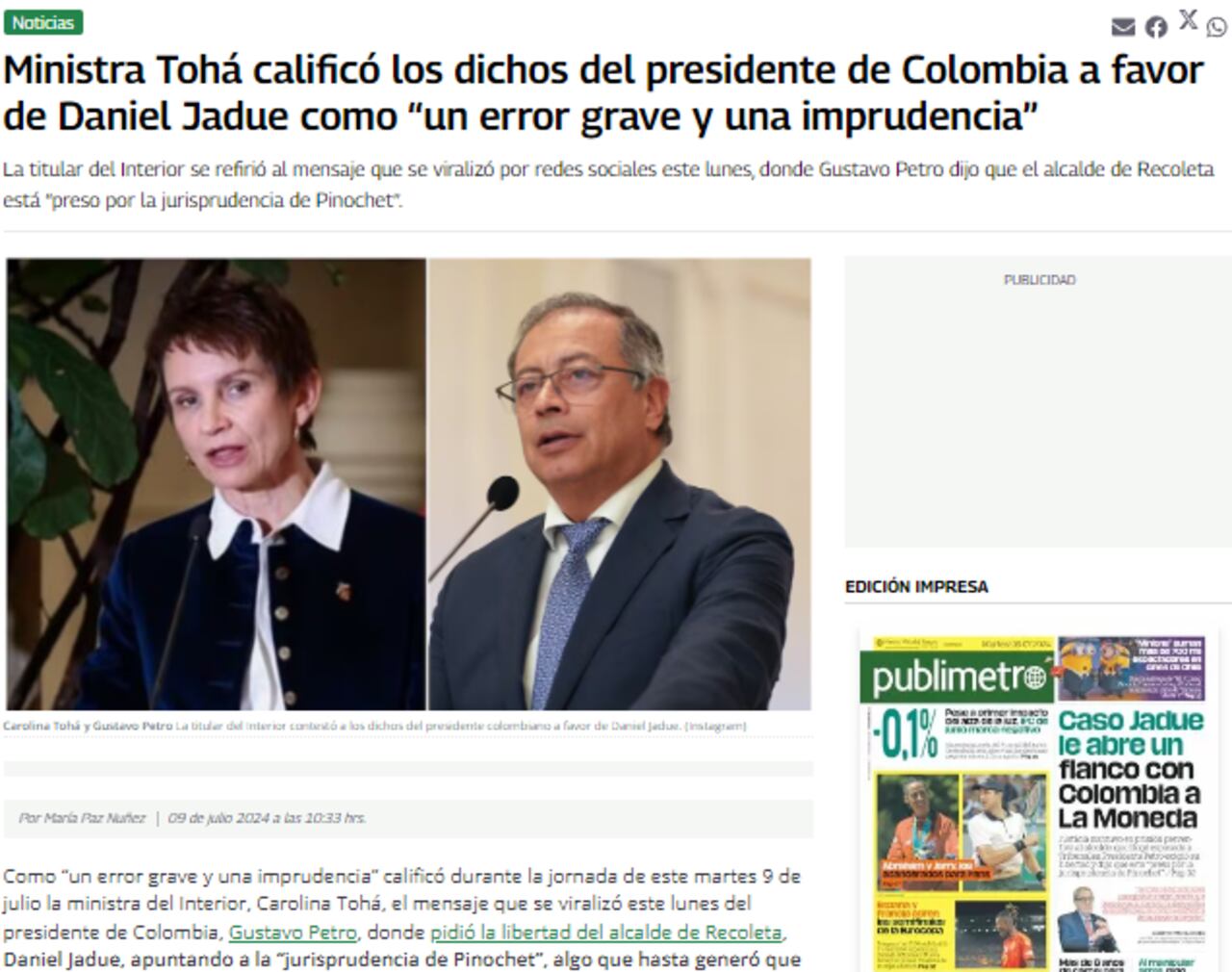 Publicación sobre la reacción gubernamental a las declaraciones de Petro. Diario Publimetro de Chile.