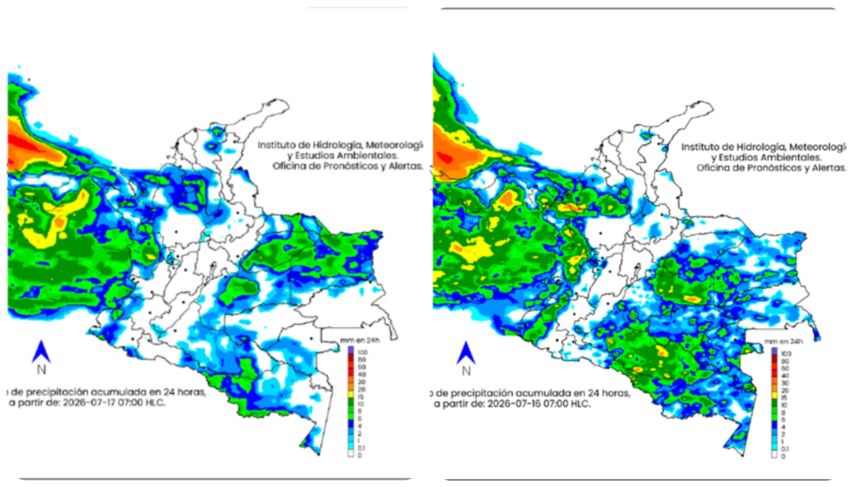 Mapa climatológico de Colombia entre el jueves 16 y el viernes 17 de julio.