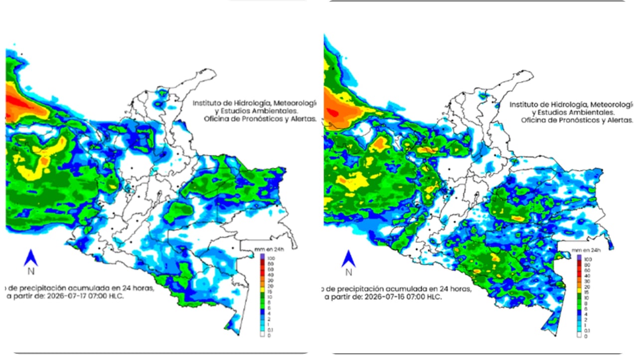 Mapa climatológico de Colombia entre el jueves 16 y el viernes 17 de julio.