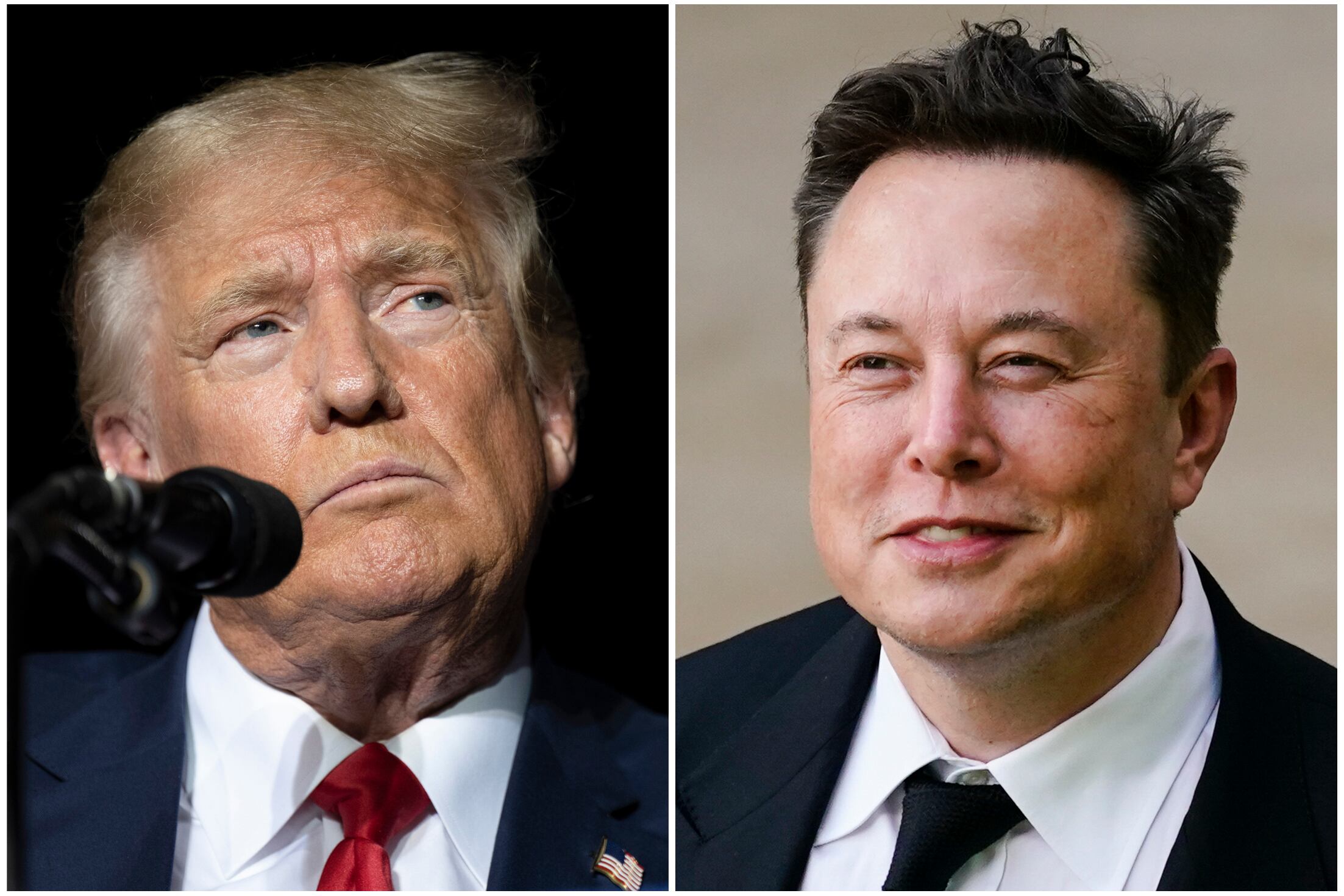 Esta combinación de fotografías muestra al expresidente Donald Trump durante un mitin en Minden, Nevada, el 8 de octubre de 2022, a la izquierda, y a Elon Musk en Wilmington, Delaware, el 12 de julio de 2021. (Foto AP)