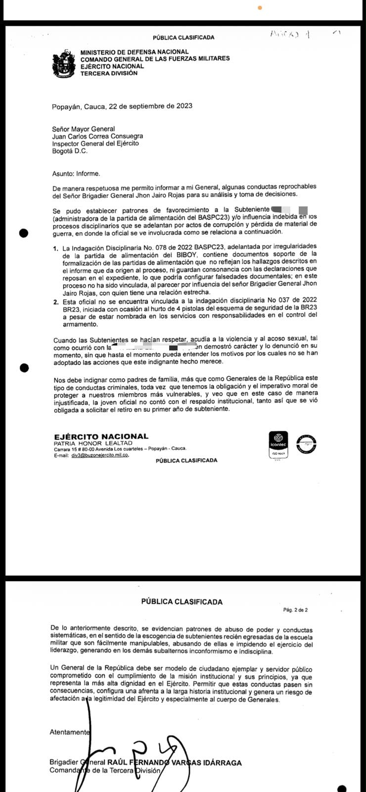 Subteniente negó situaciones de carácter sexual con el general Jhon Rojas, como lo afirma el documento firmado por el general Raúl Vargas Idárraga.
