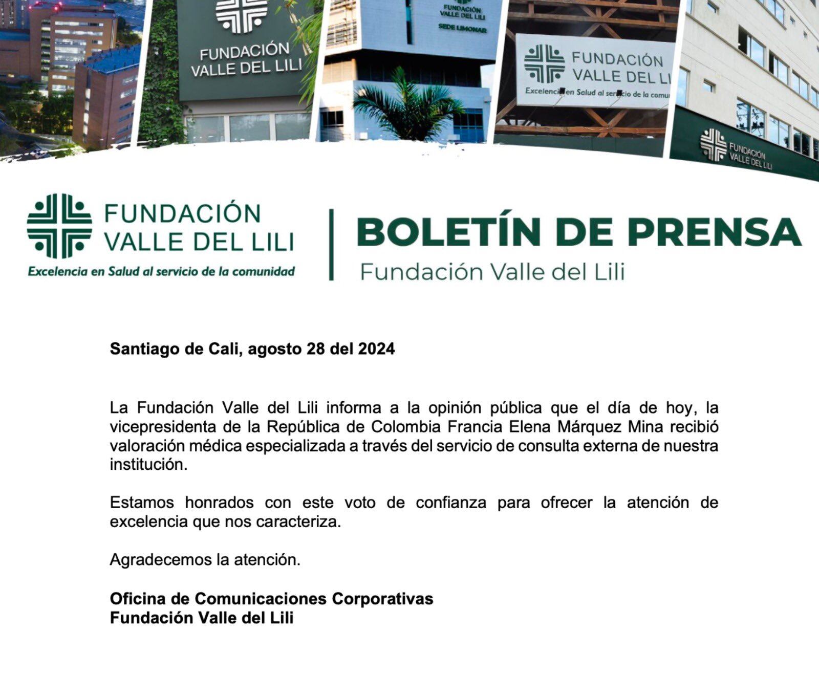 Comunicado de la Fundación Valle del Lili.