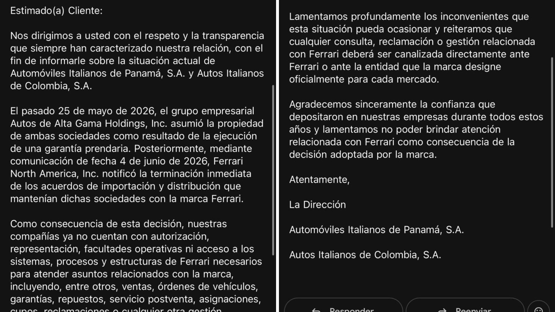 En las comunicaciones conocidas por SEMANA, la nueva administración de Ferrari Colombia sostiene que no responderá por los compromisos adquiridos por los anteriores representantes legales.