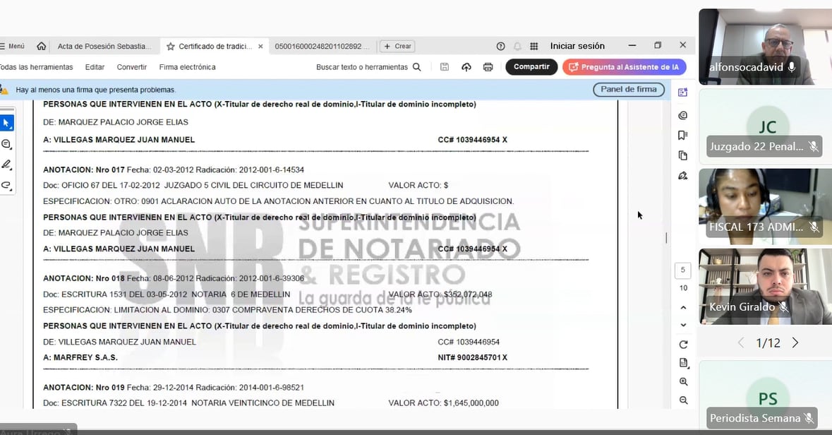 Folio de matrícula inmobiliaria lote Aguas Vivas exhibido en audiencia contra Daniel Quintero.