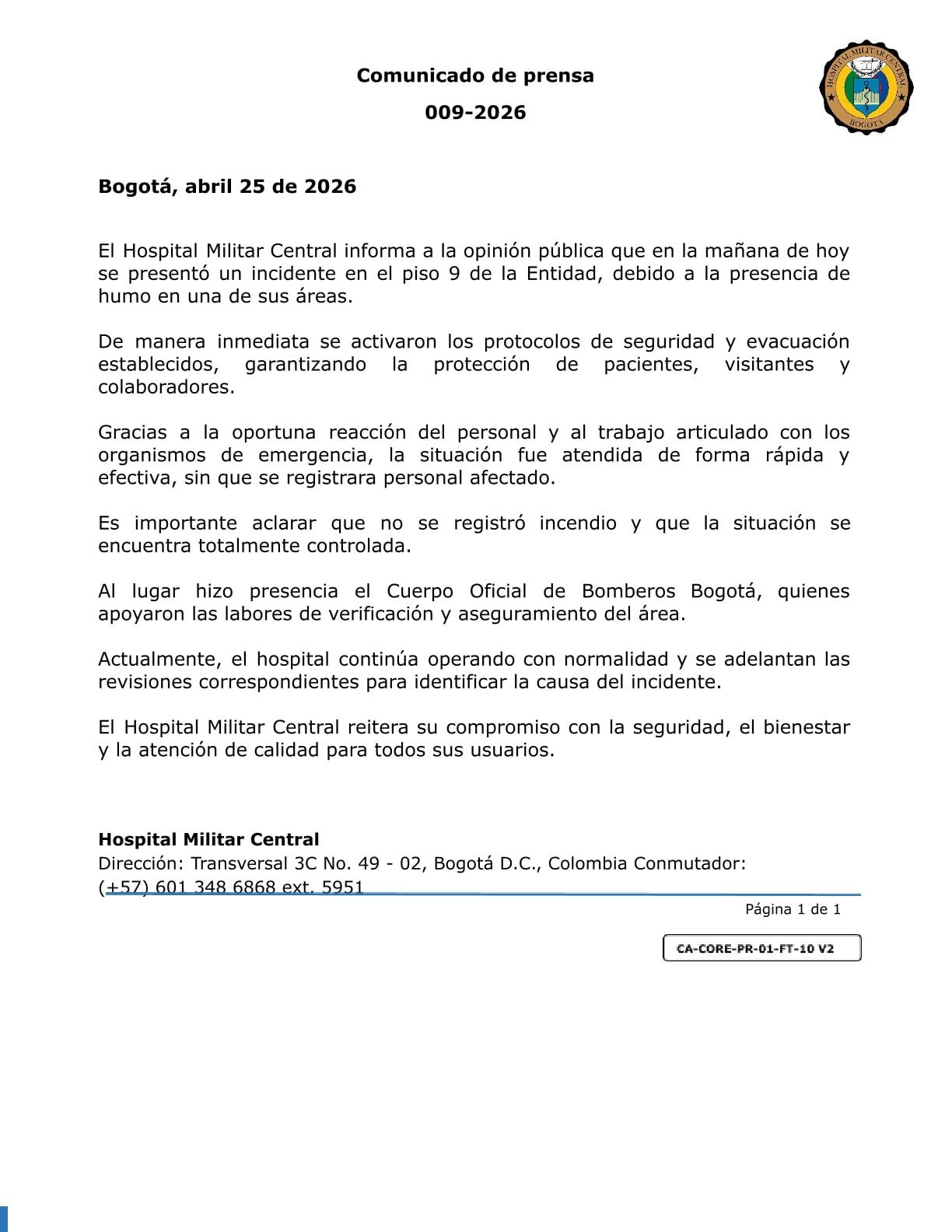 Atención: incendio en el Hospital Militar de Bogotá causó la evacuación del edificio