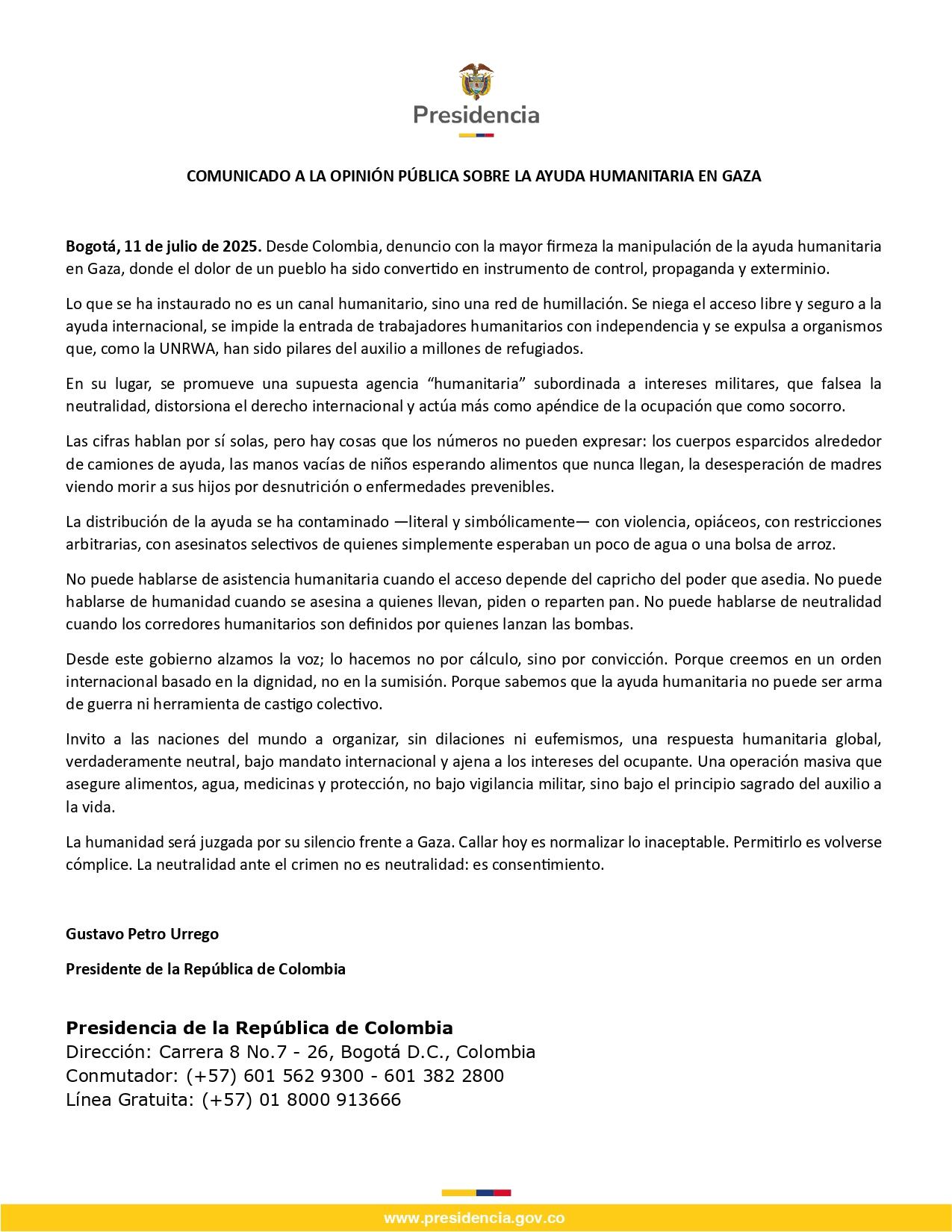 Comunicado Gustavo Petro
