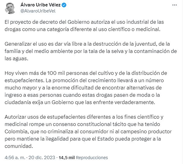 Publicación del expresidente Álvaro Uribe en X.