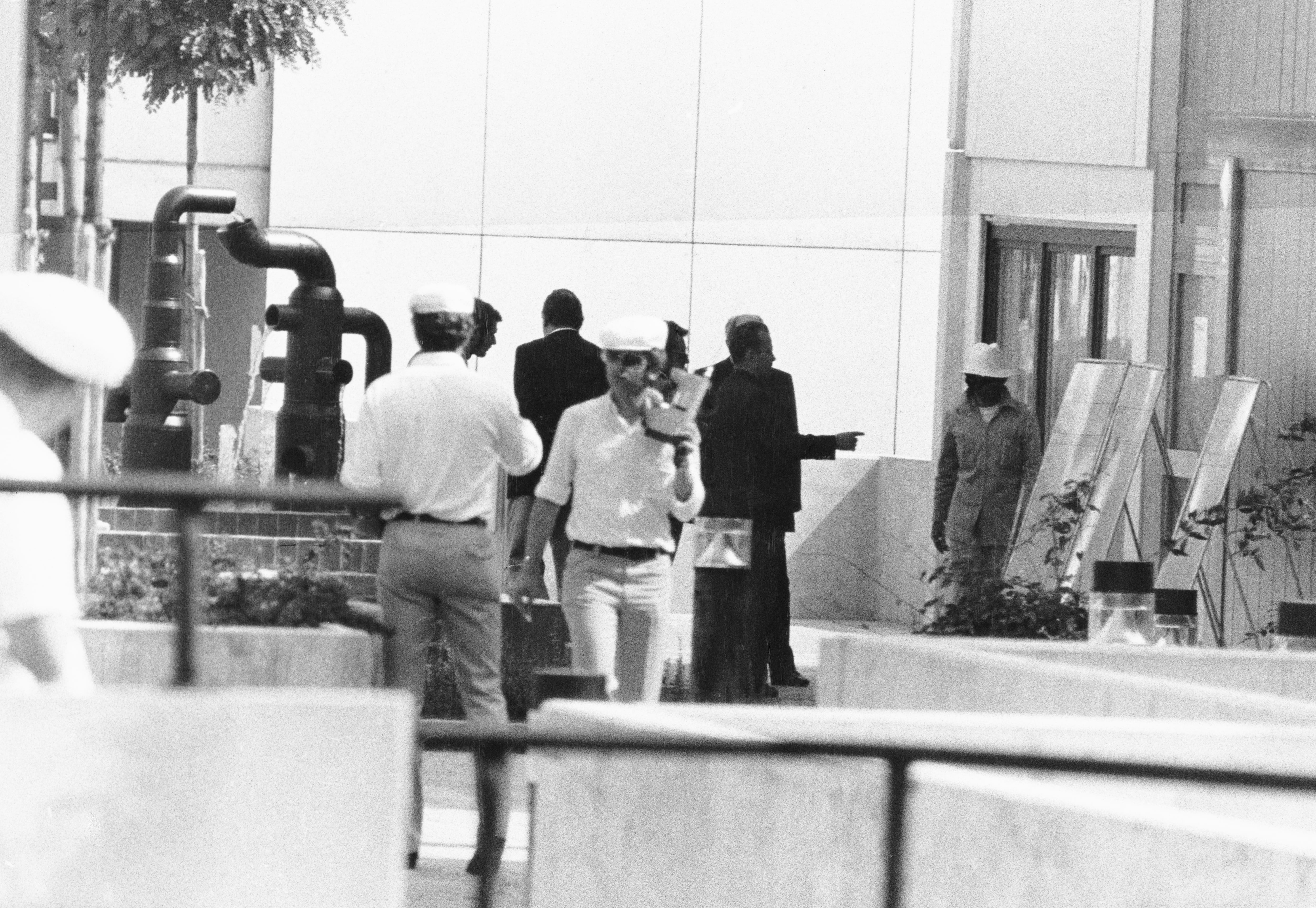 Unspecified police officers and Ministry of Interior officials attempt to negotiate with Palestinian terrorist group 'Black September' for the release of hostages taken at the quarters of the Israeli athletes in the Athletes' Village during the 1972 Munich Olympic Games in Munich, West Germany, 6th September 1972. (Photo by Daily Express/Archive Photos/Hulton Archive/Getty Images)