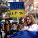 Protestas en la Embajada de Rusia en Bogotá, Ciudadanos de Ucrania. Foto Esteban Vega
