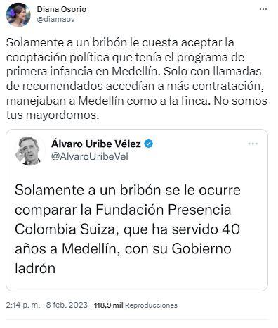 Respuesta de Diana Osorio a trino de Álvaro Uribe.