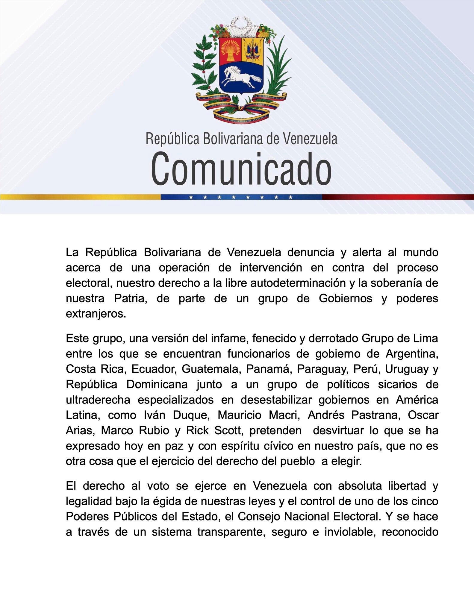 Comunicado Cancillería Venezuela
