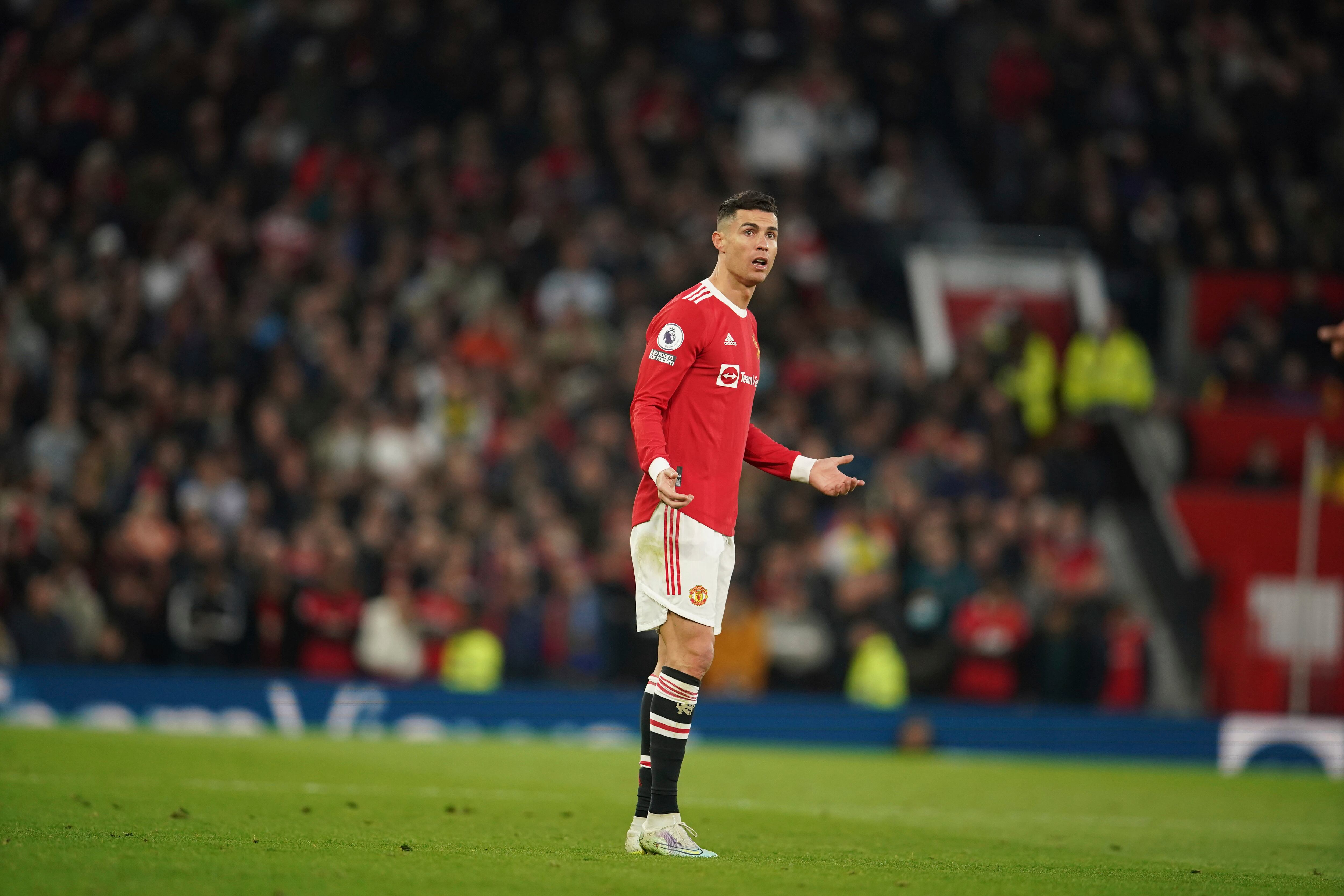 Manchester United's Cristiano Ronaldo gestures during the English Premier League soccer match between Manchester United and Chelsea, at Old Trafford Stadium, Manchester, England, Thursday, April, 2022. (AP Photo/Dave Thompson)