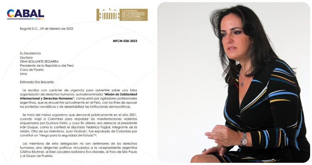 La senadora María Fernanda Cabal y la carta que envió a la presidenta de Perú.
