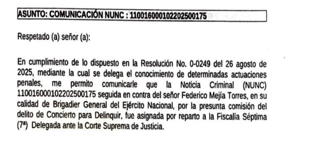 Documento de la fiscalía en el caso del general Federico Mejía.
