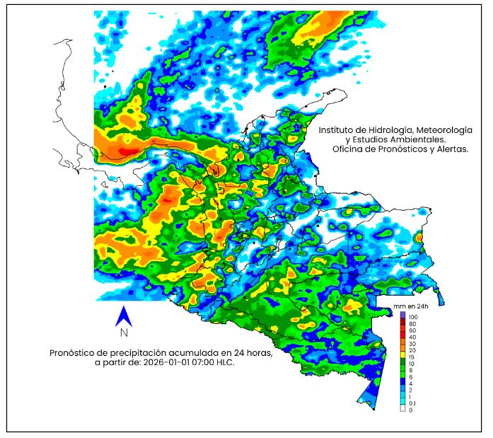 La escala de colores indica la cantidad de
precipitación acumulada para el primero de enero de 2026