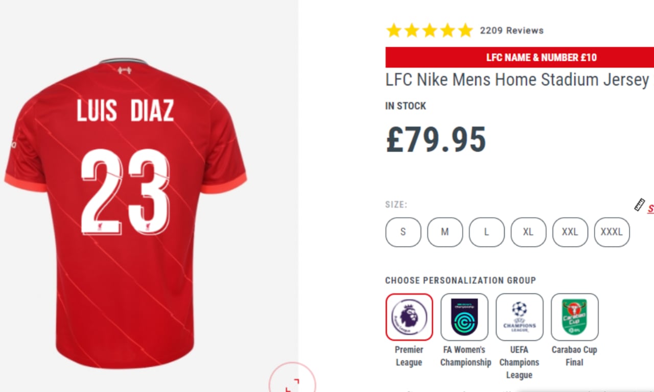 Precio camiseta de Luis Díaz. Foto: Captura de pantalla - página Liverpoolfc.com