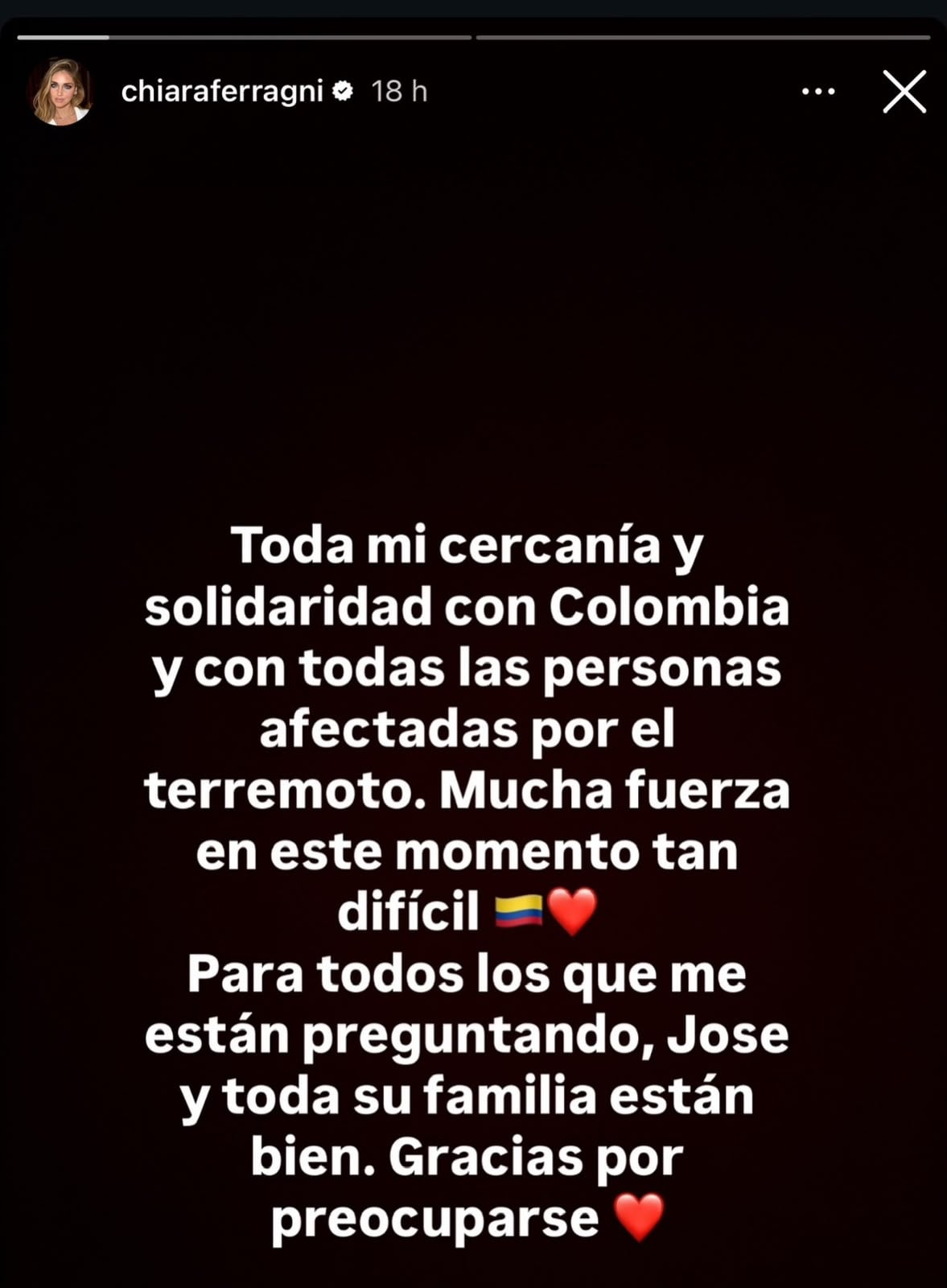 La empresaria e influencer italiana Chiara Ferragni expresó su solidaridad con los damnificados y tranquilizó a sus seguidores sobre el estado de su pareja, el colombiano José Hernández, y su familia.