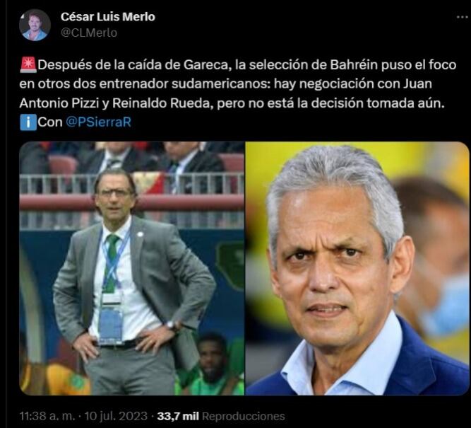 Trino de César Luis Merlo por la posible llegada de Reinaldo Rueda a Bahréin.