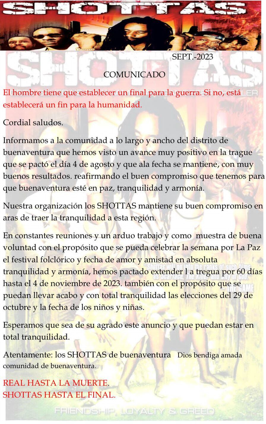 El grupo armado ilegal Los Shottas anunciaron que mantendrán su tregua de paz 60 días más en Buenaventura