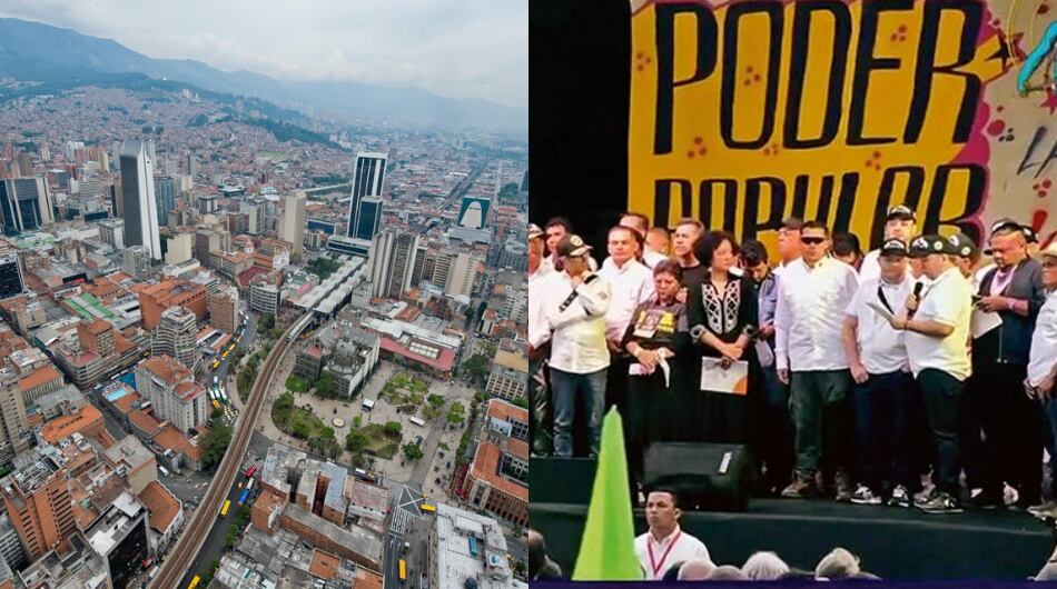Advierten de posibles atentados en Medellín. Imagen de referencia de la ciudad y fotografía del 'tarimazo' del presidente Petro con cabecillas de estructuras criminales de la ciudad.