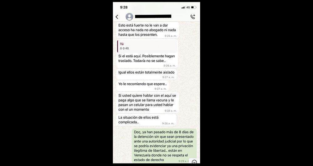   Esta fue la conversación en la que un presunto uniformado de Venezuela extorsionó a la familia de uno de los colombianos arrestados, a cambio de entregarles información sobre el estado de su detención.