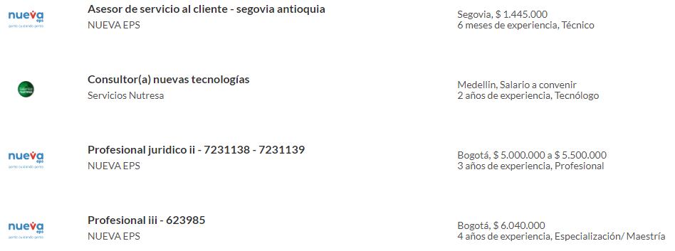 Conozca algunas de las ofertas de trabajo publicadas por la Nueva EPS, a través del portal de empleos de Semana. Para consultar otras ofertas, ingrese en: https://www.semana.com/empleos/