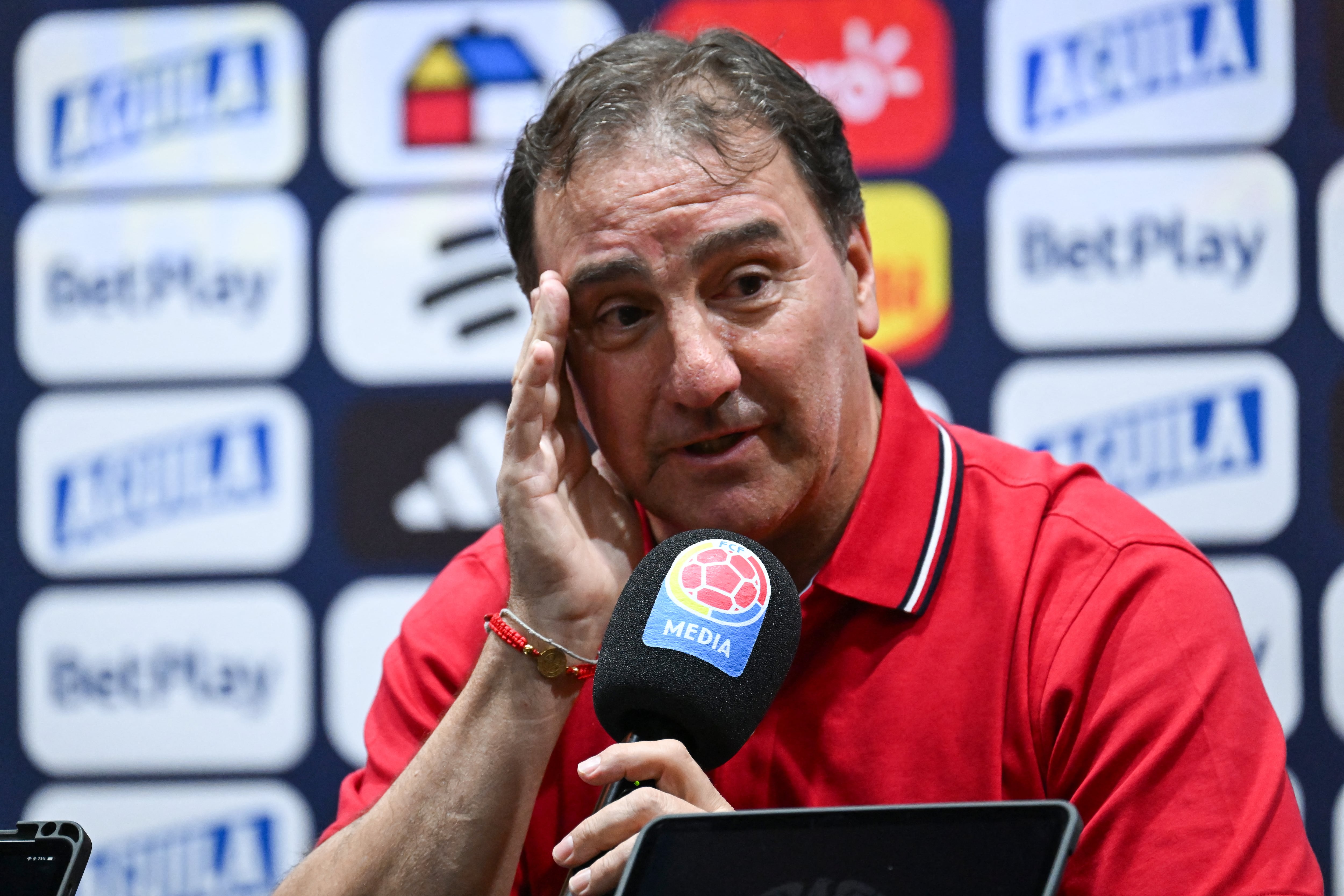 Colombia's Argentine head coach Nestor Lorenzo speaks during a press conference at the Colombian Football Federation (FCF) in Bogota on September 17, 2026. (Photo by Raul ARBOLEDA / AFP)