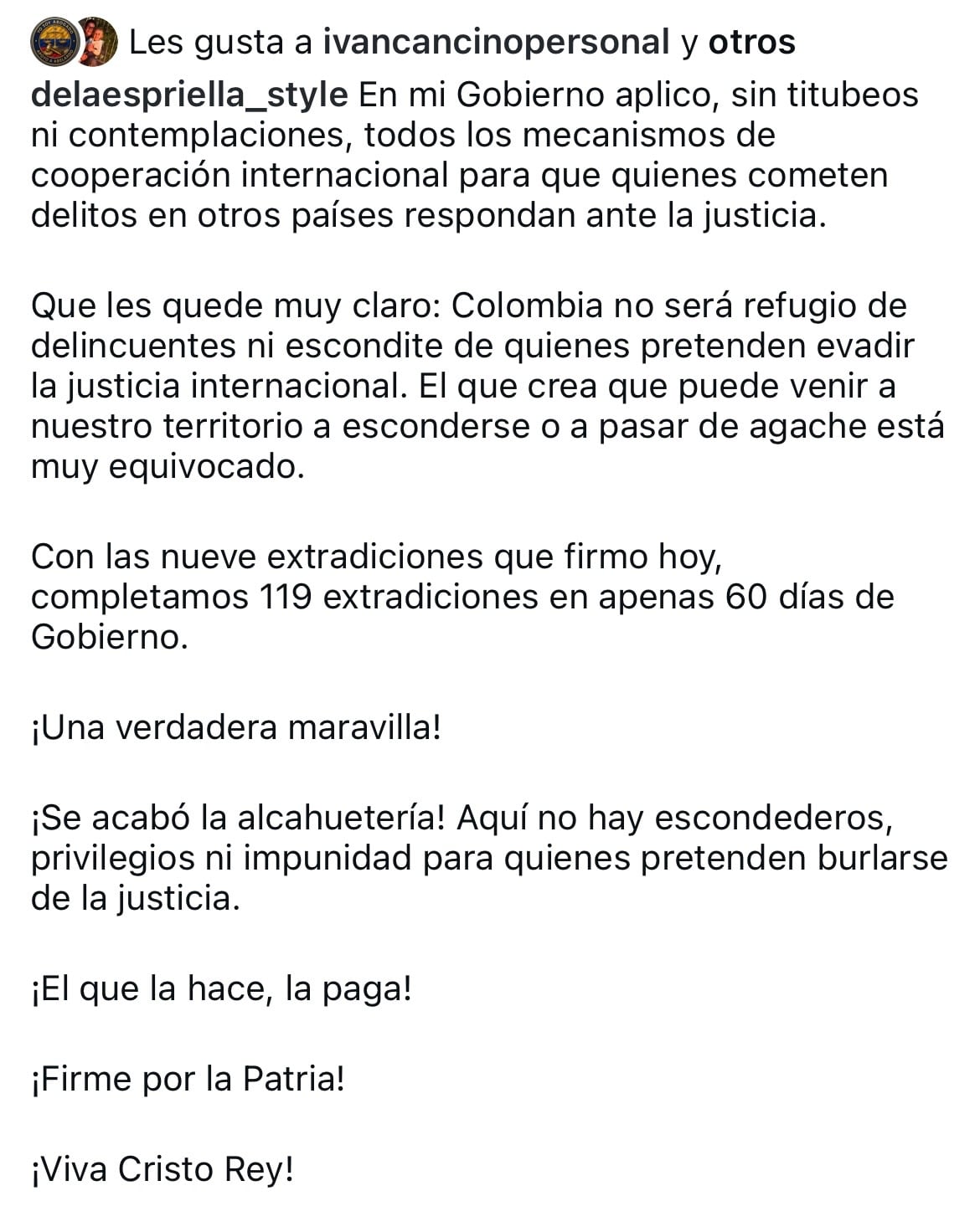 Mensaje en Instagram de Abelardo De La Espriella