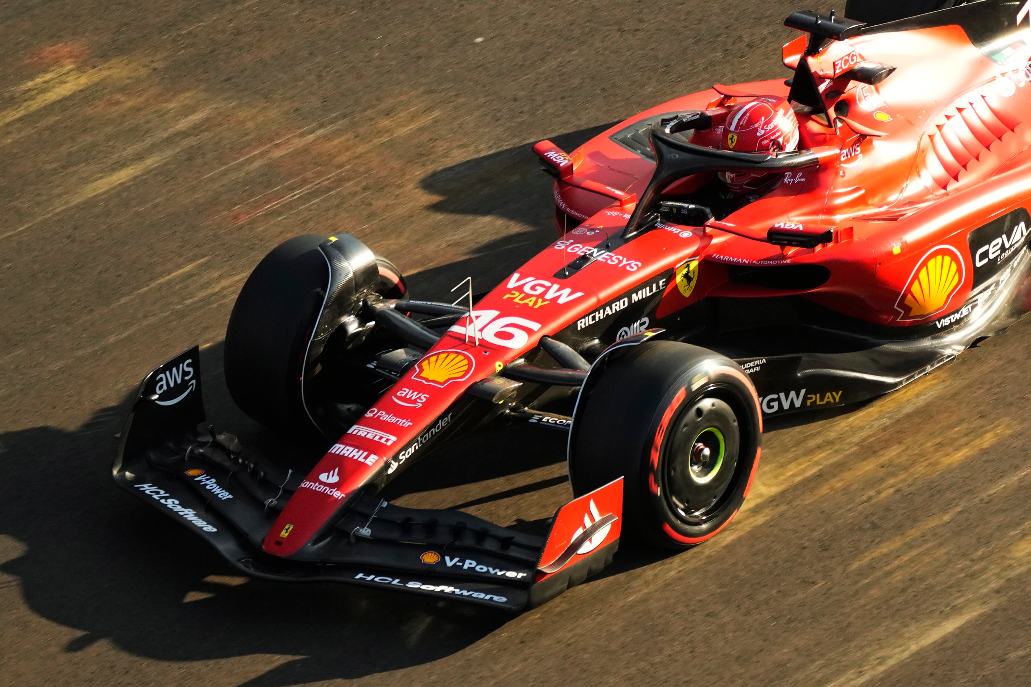 Ferrari driver Charles Leclerc of Monaco steers his car during qualifying for the Azerbaijan Formula One Grand Prix at the Baku circuit, in Baku, Azerbaijan, Friday, April 28, 2023. The Formula One Grand Prix will be held on Sunday April 30, 2023. (AP Photo/Sergei Grits)