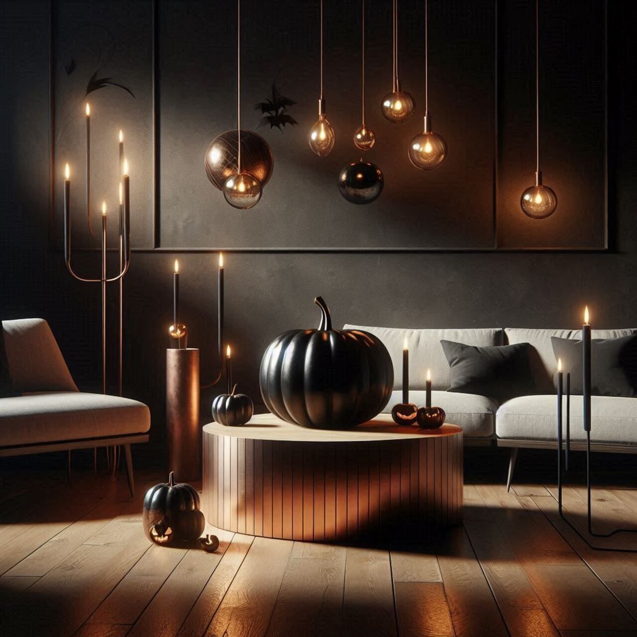 Con una decoración de Halloween minimalista, la IA propone una sala elegante que combina texturas de alta calidad y sombras tenues para transformar el hogar en un espacio acogedor y misterioso.