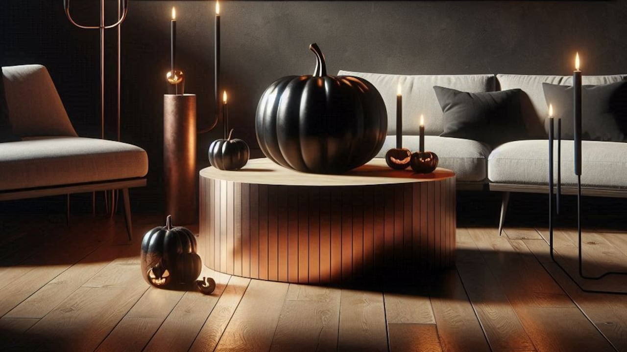 Con una decoración de Halloween minimalista, la IA propone una sala elegante que combina texturas de alta calidad y sombras tenues para transformar el hogar en un espacio acogedor y misterioso.