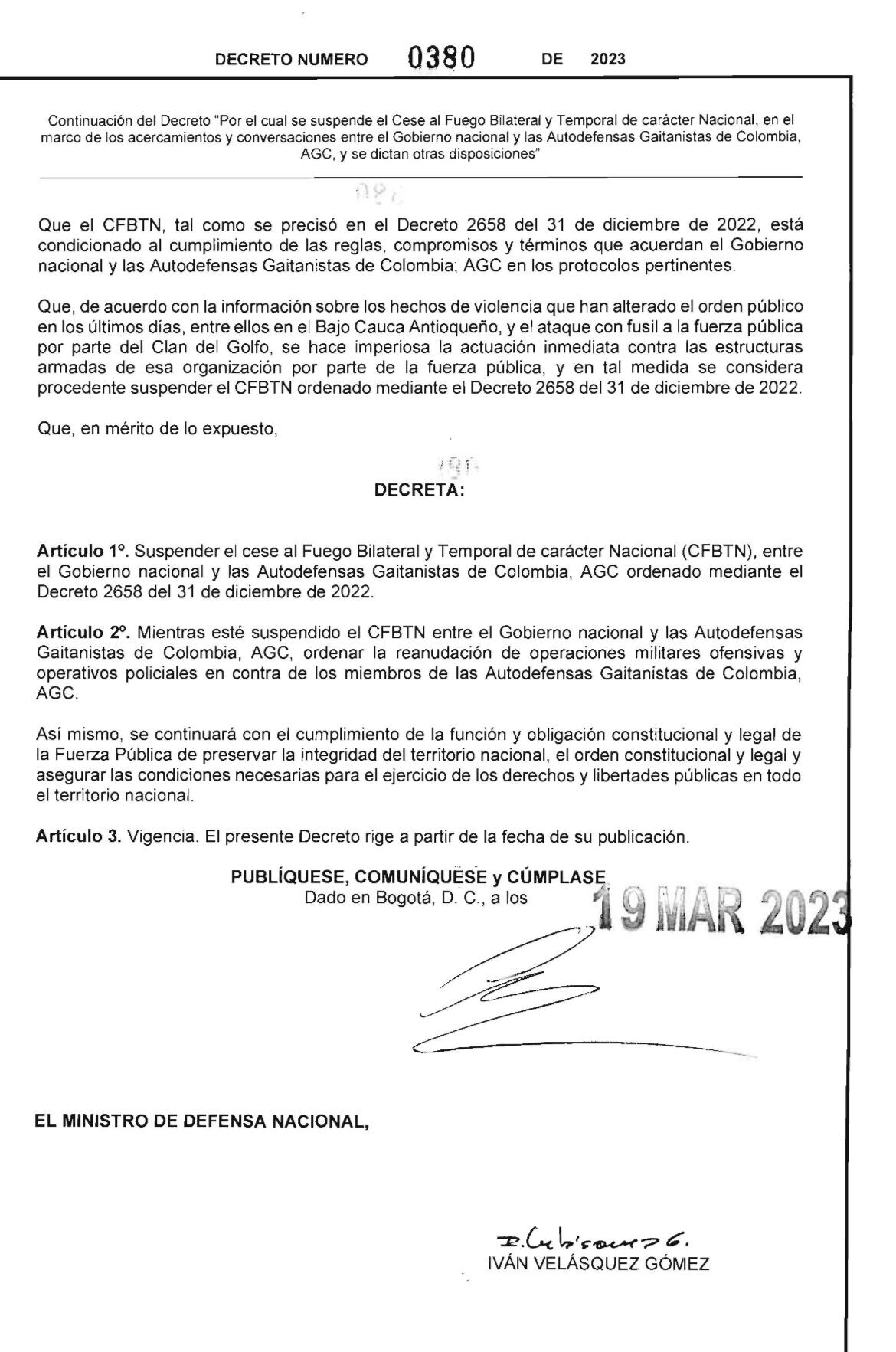 Decreto suspensión cese al fuego Clan del Golfo
