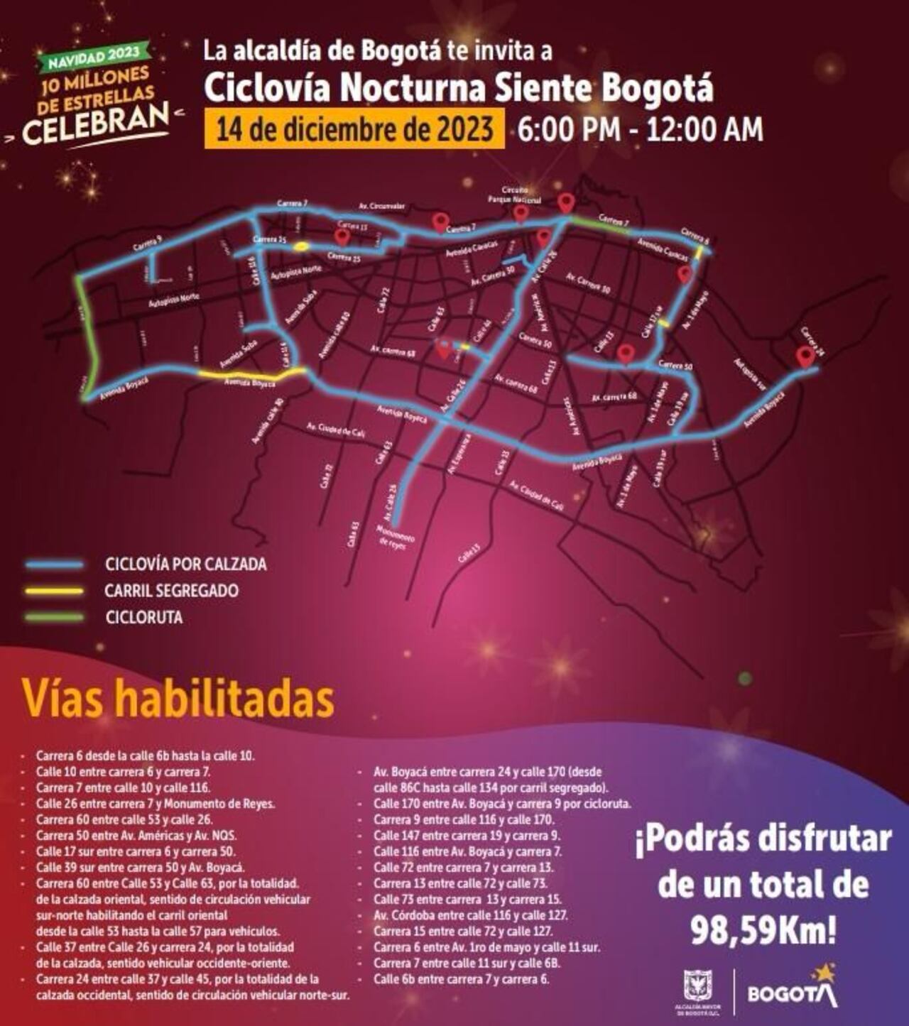 Mapa ciclovía nocturna en Bogotá del 14 de diciembre.