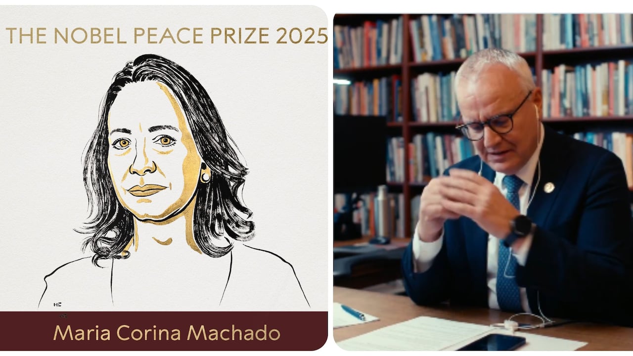 Kristian Berg Harpviken, director del Nobel Institute, le da la noticia a María Corina Machado.