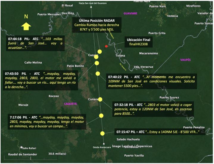 Recorrido y comunicaciones entre la aeronave y el ATC en ruta hacia San José del Guaviare.