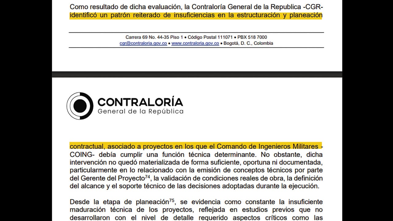 La Contraloría detectó un patrón de mala planeación técnica en varios contratos que salieron del Comando de Ingenieros y que tienen un costo superior a los 50.000 millones de pesos.