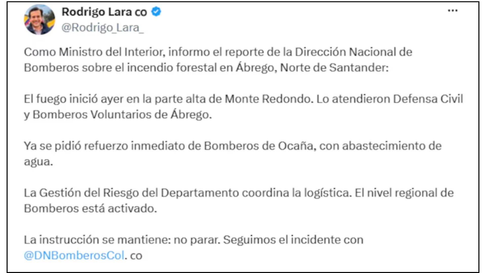 Informe del ministro del interior sobre incendio forestal en Ábrego