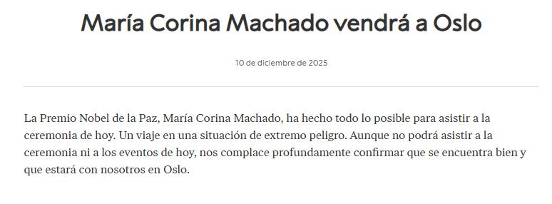 Comunicado de los organizadores del Premio Nobel