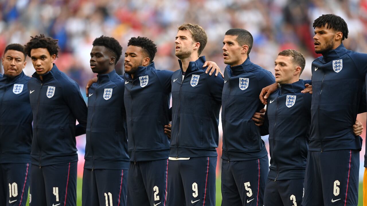 LONDON, ENGLAND - SEPTEMBER 05: Trent Alexander-Arnold, Bukayo Saka, Reece James, Patrick Bamford, Conor Coady, Kieran Trippier and Tyrone Mings of England line up for the national anthem during the 2022 FIFA World Cup Qualifier match between England and Andorra at Wembley Stadium on September 05, 2021 in London, England. (Photo by Michael Regan - The FA/The FA via Getty Images)