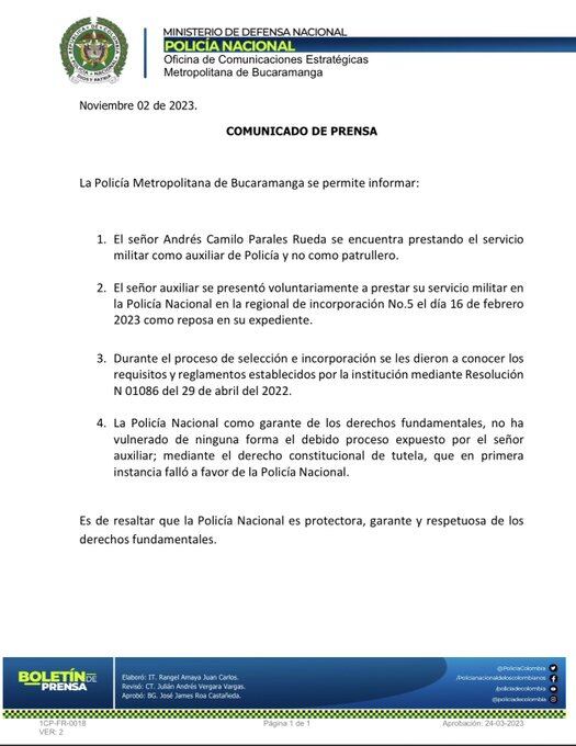 Comunicado de la Policía Metropolitana de Bucaramanga.