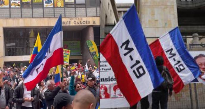 Banderas del M-19 en frente del Palacio de Justicia